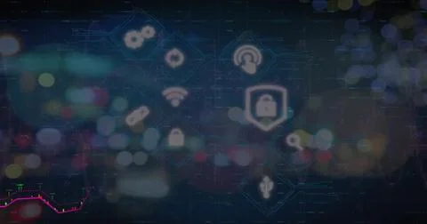 Image of data processing and icons over city lights and dark background 스톡 사진
