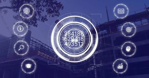 Image of data processing and icons over building site Fotos de archivo