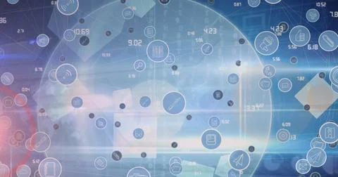 Image of data processing and icons over blue background Foto stock