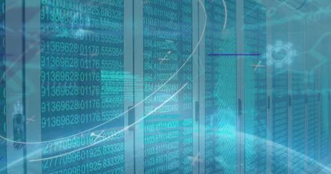 Image of data processing and icons over server room Stock Photos