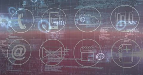 Image of data processing and icons over blue background Foto stock