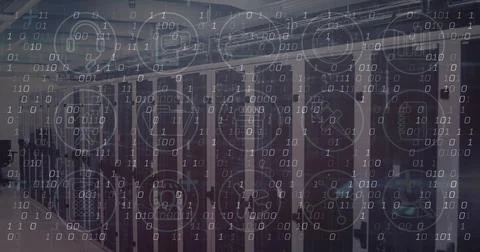 Image of data processing and icons over server room Stock Photos