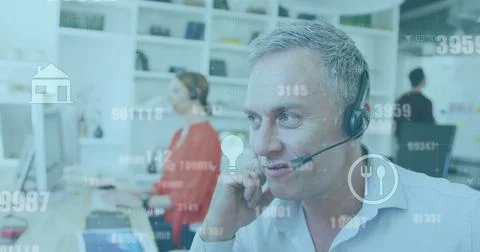 Image of data processing and icons over caucasian business people using phone Stock Photos