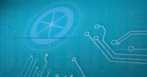 Image of data processing and integrated circuit on blue digital screen Stock Photos