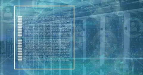 Image of data processing and interface charts over computer server room 스톡 사진