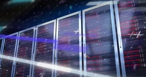 Image of data processing and interference over server room Stock Illustration
