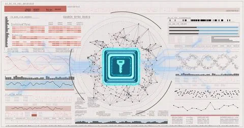 Image of data processing and key icon over dna strand 库存插图