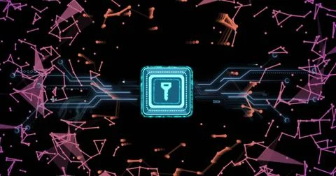 Image of data processing and key icon over dark background 스톡 사진