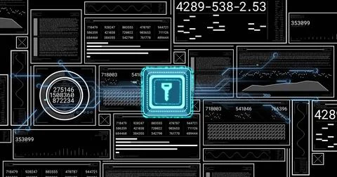 Image of data processing and key icon over dark background 스톡 사진