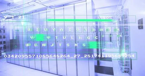 Image of data processing and keyboard over server room Stock Illustration