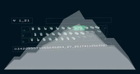 Image of data processing and keyboard over diagrams on black background Illustrazione stock