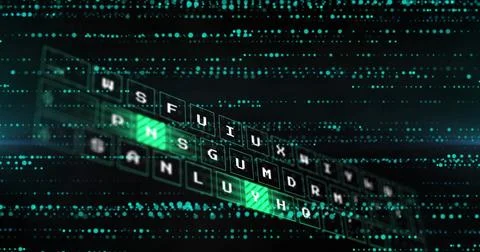 Image of data processing and keyboard over black background Foto stock