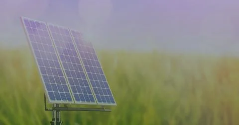Image of data processing and letters over solar panel Stock Photos