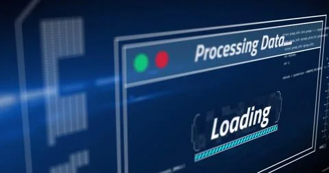 Image of data processing and light spots on blue background Illustrazione stock