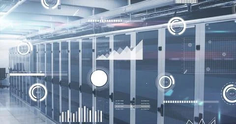 Image of data processing and light trails against computer server room Stock Illustration