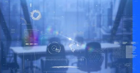 Image of data processing and light trails over empty office 스톡 일러스트