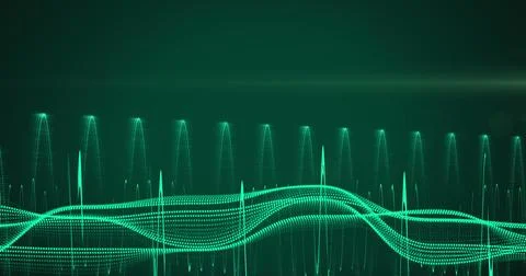 Image of data processing and light trails on black background Stockfoto's