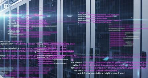 Image of data processing and light spots against computer server room 写真素材