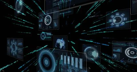 Image of data processing and light trails on black background Stock Photos
