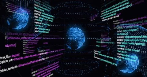 Image of data processing and light trails spinning over three globe icons on 스톡 사진