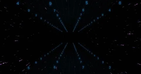 Image of data processing and light trails on black background Foto stock