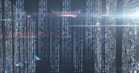Image of data processing and light trails on black background Stockfoto's