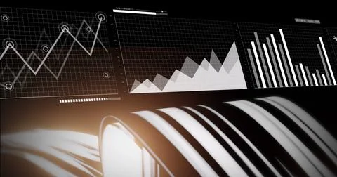Image of data processing and lines on black background Stock Photos