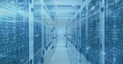 Image of data processing and markers moving over computer servers Illustrazione stock