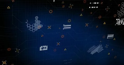 Image of data processing and markers over blue background Illustrazione stock