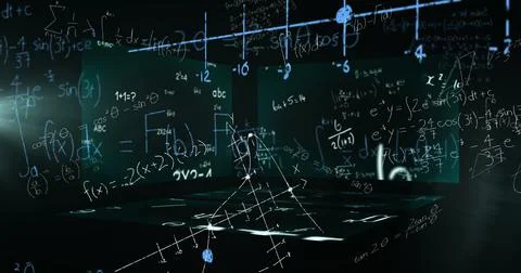 Image of data processing and mathematical equations over screens Stock Illustration