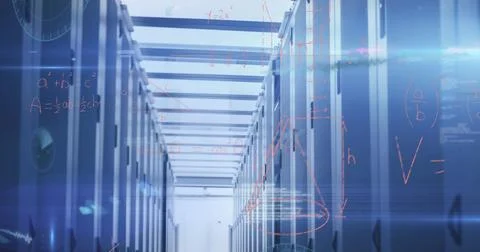 Image of data processing and mathematical equations against computer server room Illustrazione stock