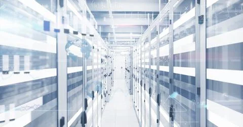 Image of data processing and mathematical equations against computer server room 库存插图
