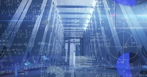 Image of data processing and mathematical equations against computer server room 스톡 일러스트