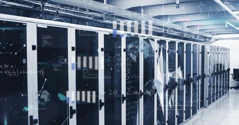 Image of data processing and mathematical equations against computer server room Illustrazione stock