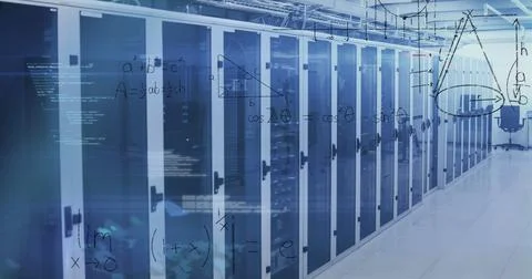 Image of data processing and mathematical equations against computer server room Stock Illustration