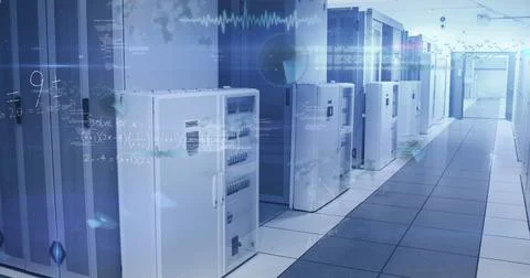 Image of data processing and mathematical equations against computer server room Stockillustratie
