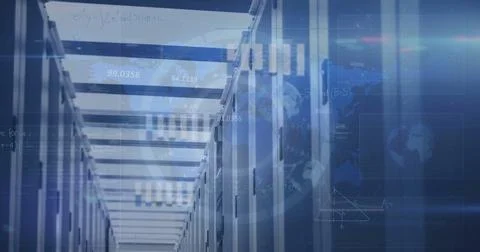 Image of data processing and mathematical equations over server room Illustrazione stock