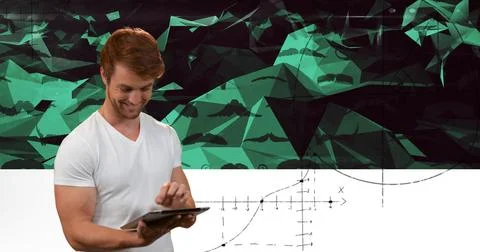 Image of data processing and mathematical equations over man using tablet 스톡 일러스트