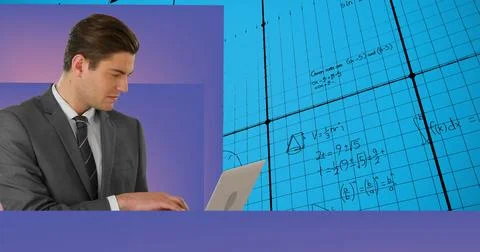 Image of data processing and mathematical equations over businessman using Stock Illustration