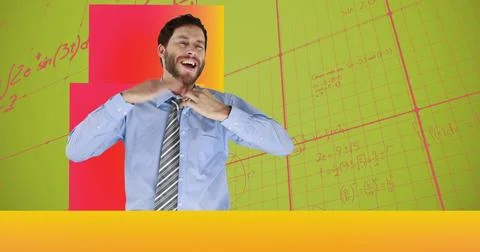 Image of data processing and mathematical equations over man feeling heat Stock Illustration