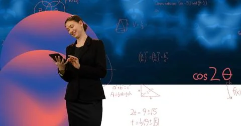 Image of data processing and mathematical equations over woman using tablet Stock Illustration