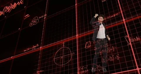 Image of data processing and mathematical equations over businessman jumping Stock Illustration