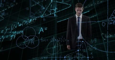 Image of data processing and mathematical equations over businessman using Stock Illustration