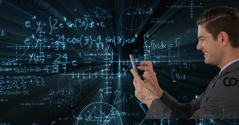 Image of data processing and mathematical equations over businessman using Stock Illustration