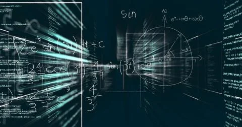 Image of data processing and mathematical equations over black background Stock Illustration