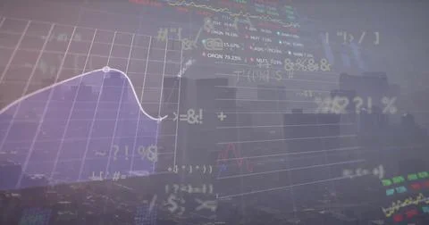 Image of data processing and mathematical equations over green background Foto stock