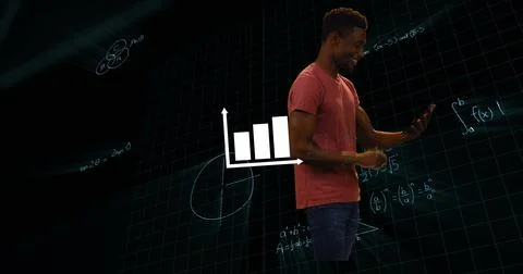 Image of data processing and mathematical equations over man using tablet Stock Photos