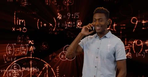 Image of data processing and mathematical equations over man using smartphone 写真素材