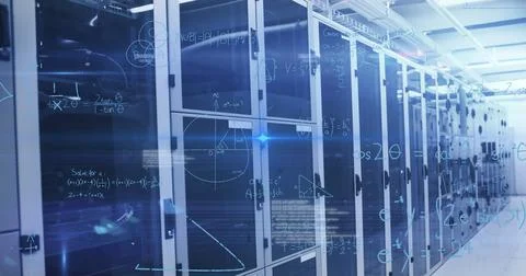 Image of data processing and mathematical equations against computer server room Foto stock