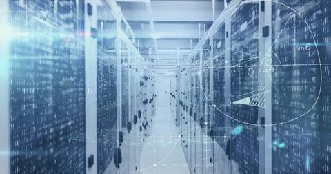 Image of data processing and mathematical equations over server room Stock Photos